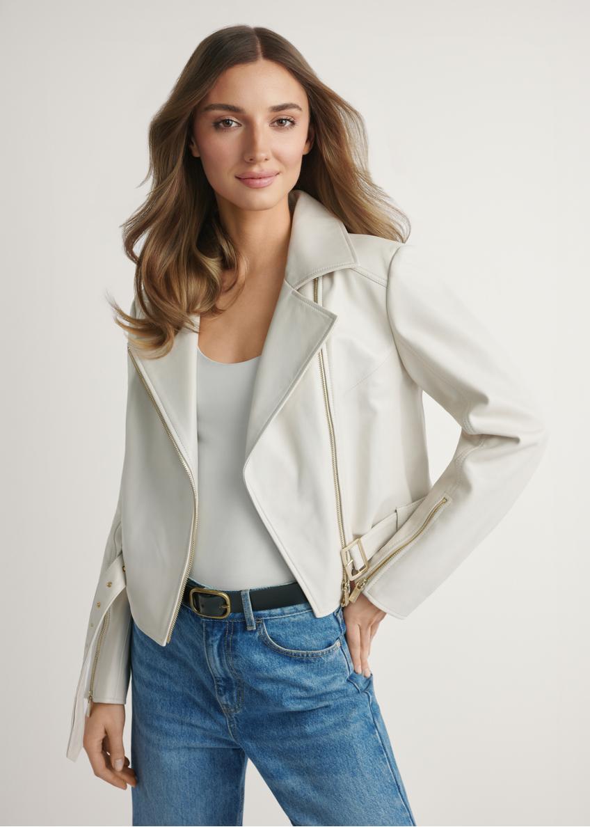 Dámska kožená bunda v krémovej farbe KURDS-0585-0B(W26)