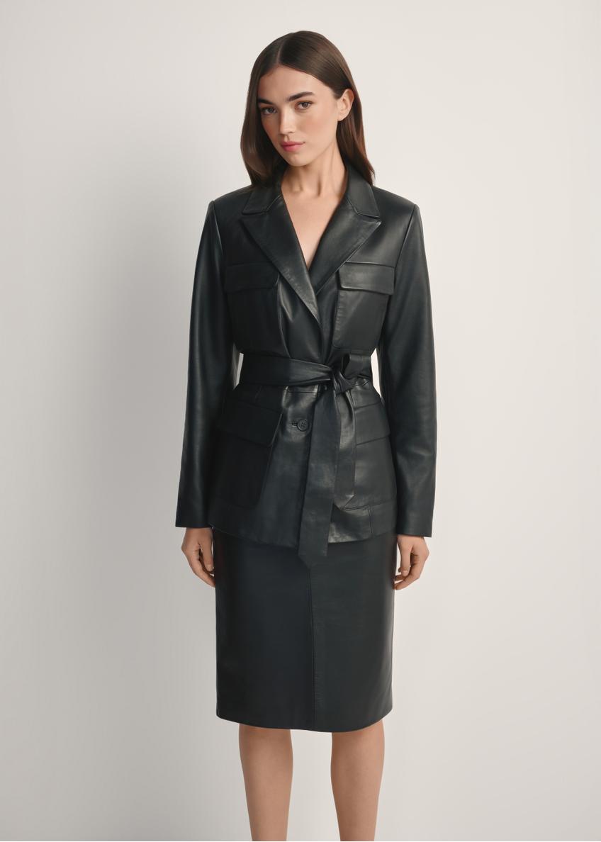 Čierna dámska kožená bunda s opaskom KURDS-0545-99(W26)