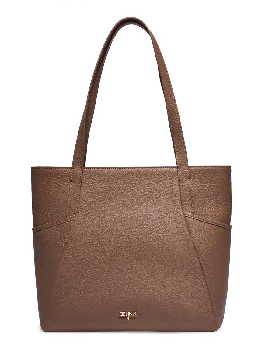 Shopper-Tasche aus Leder in der Farbe Cool Beige TORES-0980-1K(Z26) - Vorderansicht des Produkts, auf weißem Hintergrund.