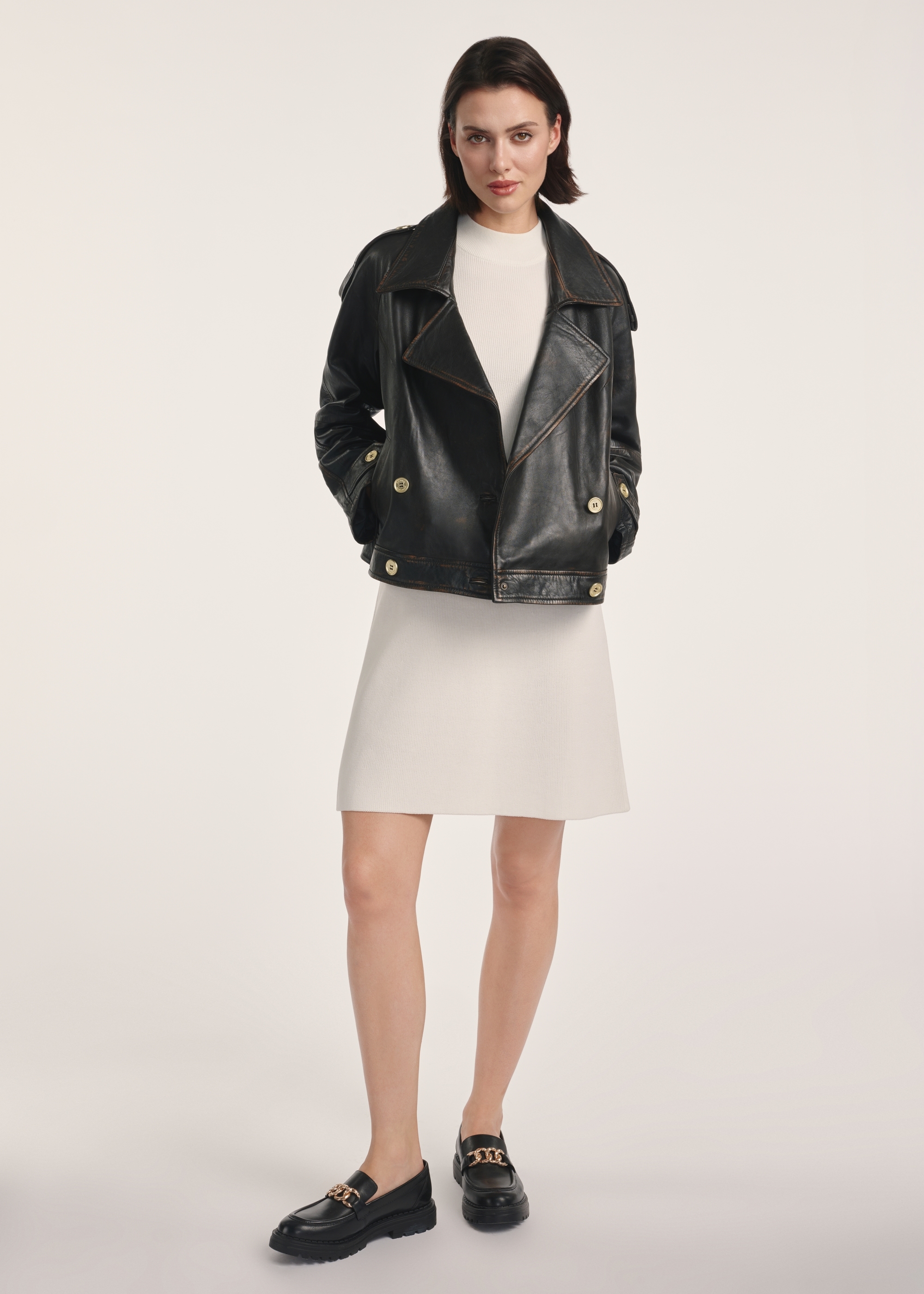 Hnedá dámska kožená oversize bunda KURDS-0553-2737(Z25)