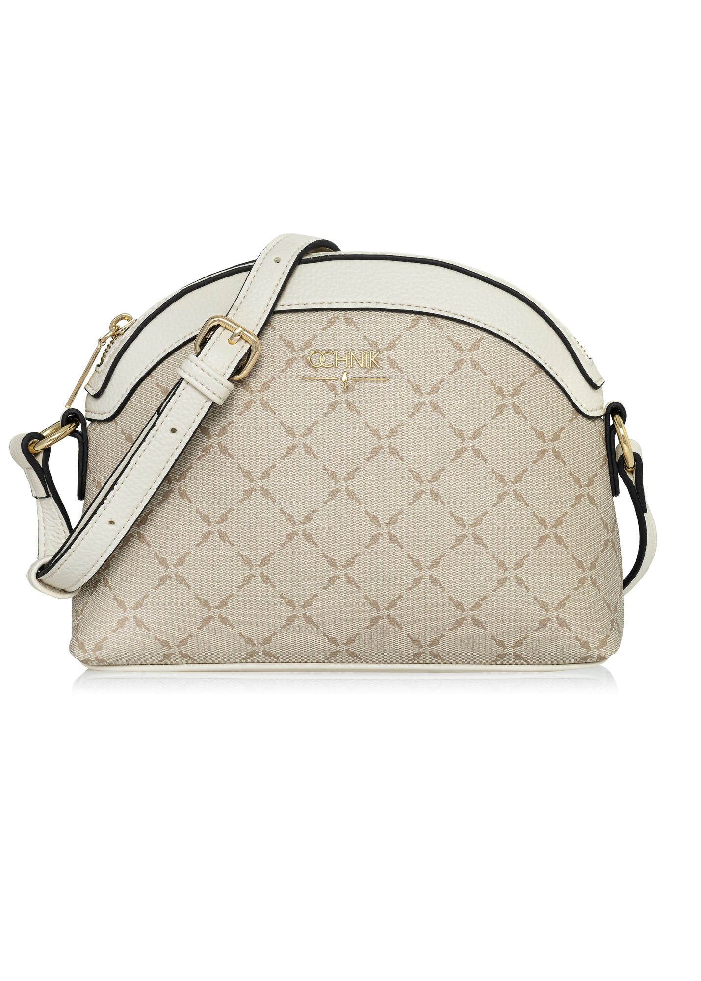 Béžová crossbody kabelka s polkruhovým tvarom a monogramom TOREC-1025-81(W25)